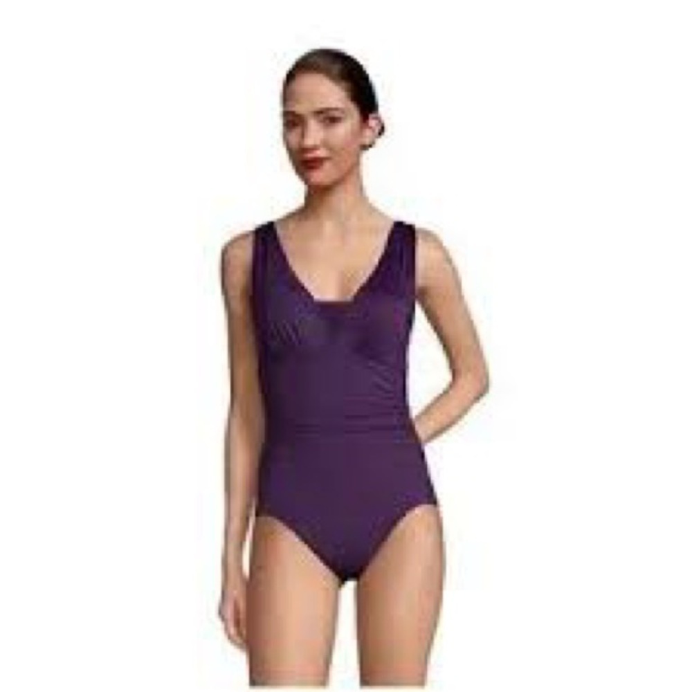 Lands End Women's SlenderSuit Grecian Low Leg 1 Piece Swimsuit, Blackberry, 20W - Picture 1 of 10